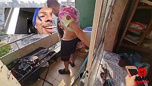 Couple fucks on balcony, caah kabulosa joins interracial threesome fun