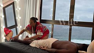 asian masseuse massages big black cock, cums inside latina pussy part 2