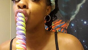 Ebony babe samples unicorn lollipop treat