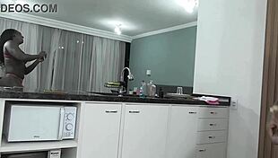 A preta in lingerie teases young guy in kitchen, wow!