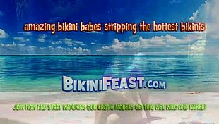 Wet bikini pussy stretching close up