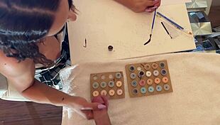 Brunette milf gives sexy handjob leading to cumshot in cfnm