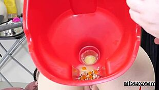 In the anal nuthouse, the frisky sweetie received awkward treatment from the group.