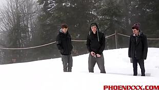 Twinks Roscoe, Jimmy, and Hunter in a hot three girl and boy scene