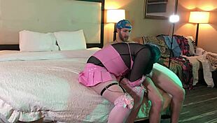 Sexy Transgender Locked in Chastity Delivers Deep Blowjob