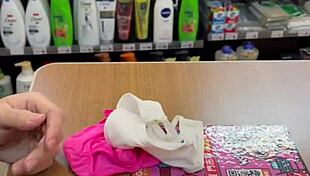 asian ladyboy teasing with new thong in store