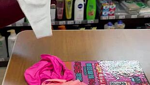 asian ladyboy teasing with new thong in store