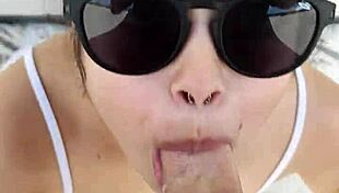 Debora gives deepthroat blowjob outdoors