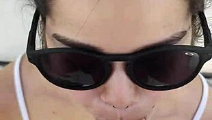 Debora gives deepthroat blowjob outdoors