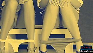 two petite teen models in miniskirts slowly undress each other, revealing shaved pussies.