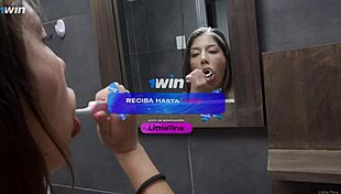 brunette enjoys intimate moments with her partner in bathroom