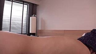 japanese step sister licks big cock in homemade setting, natural tits exposed