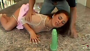 Chubby brunette rides cock in anal threesome, bent over for double penetration.