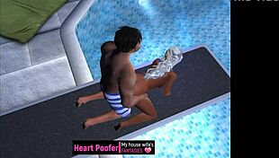 Captured on the public pool's jumping board in cartoon style