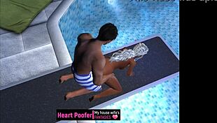 Captured on the public pool's jumping board in cartoon style