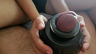 Young amateur's solo pleasure with a massager pump
