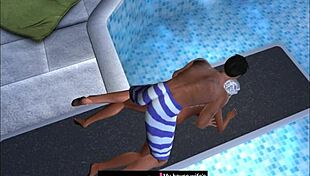 Captured on the public pool's jumping board in cartoon style