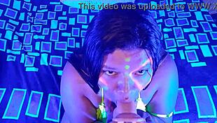 rich latina bbw sucks dildo deep in neon light.