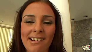 Chubby brunette rides cock in anal threesome, bent over for double penetration.