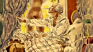 In vintage times, an erotic illustration depicts antique anime scenes with retro charm