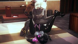 Cat boy feels pleasure from futanari girls