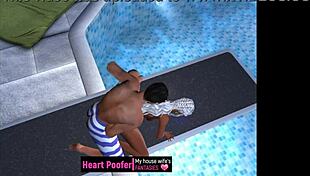 Captured on the public pool's jumping board in cartoon style