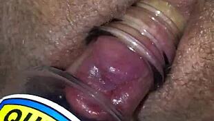 wife explores swollen clit with homemade sucking device, couple's juicy play