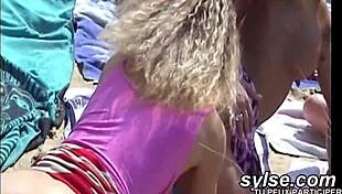 French milf and teen lesbian lovers engage in outdoor beach sex