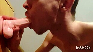 gay twink joe nuts giving his new dildo a deepthroat blowjob at home