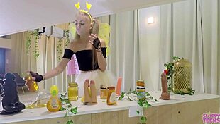 Petite girl in bee costume licks honey and sucks cocks.