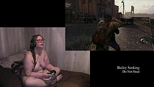 Naked brunette with big tits and tattoos plays through The Last of Us Part 2, showcasing her nude body and fetish elements.