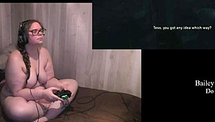 Naked brunette with big tits and tattoos plays through The Last of Us Part 2, showcasing her nude body and fetish elements.