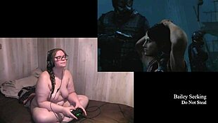 Naked brunette with big tits and tattoos plays through The Last of Us Part 2, showcasing her nude body and fetish elements.