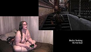 Naked brunette with big tits and tattoos plays through The Last of Us Part 2, showcasing her nude body and fetish elements.