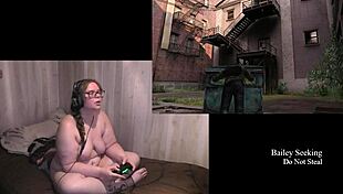 Naked brunette with big tits and tattoos plays through The Last of Us Part 2, showcasing her nude body and fetish elements.