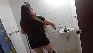 wife shows huge cameltoe to brother-in-law in bathroom while cleaning, teasing with chores and mopping