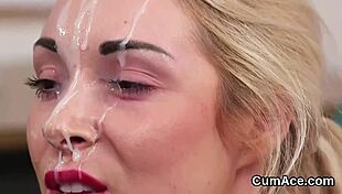 Slutty peach says, 'Take this sperm load on my face and eat the cream'