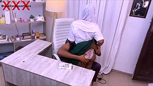 Ebony student takes big cock on office desk