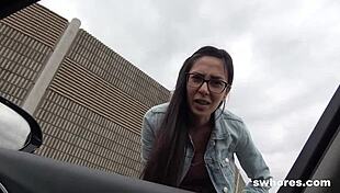 Neat petite babe ready for outdoor cash action