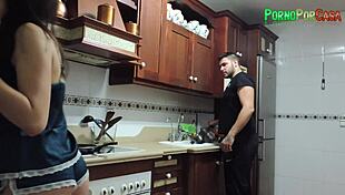 Busty Brunette Fucks Friend's Cock Between Kitchen Stoves