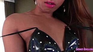 The slutty transsexual shemale masturbates solo with her anal toy in detailed assfucking action.