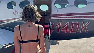 mile high threesome on private plane ends with double creampie and intense fucking.