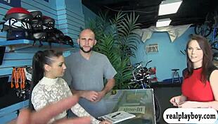 Tattooed babe flashes big tits and fucks