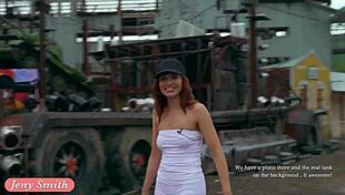 jeny smith shows off great camel toe and big ass in tight white suit during public interview