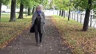 Nylon Big Boobs on Sexy Milf Strutting in Transparent Outdoor Walk