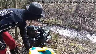 Rich German femdom in latex dominates outdoors brutally.