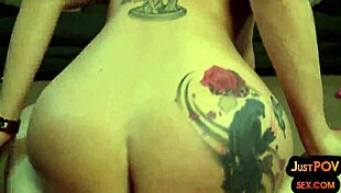 In the pov scene, a busty babe with tattoos engages in a dirty-talking boobjob and handjob, leading to intense pussydrilling and close-up blowjob action