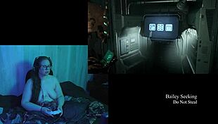 Naked brunette bbw with big natural tits plays Deadspace! What a game!