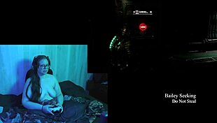 Naked brunette bbw with big natural tits plays Deadspace! What a game!