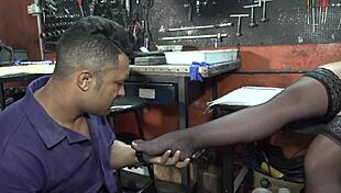 Mechanic fucks big tits woman's pussy and ass with muscular body.